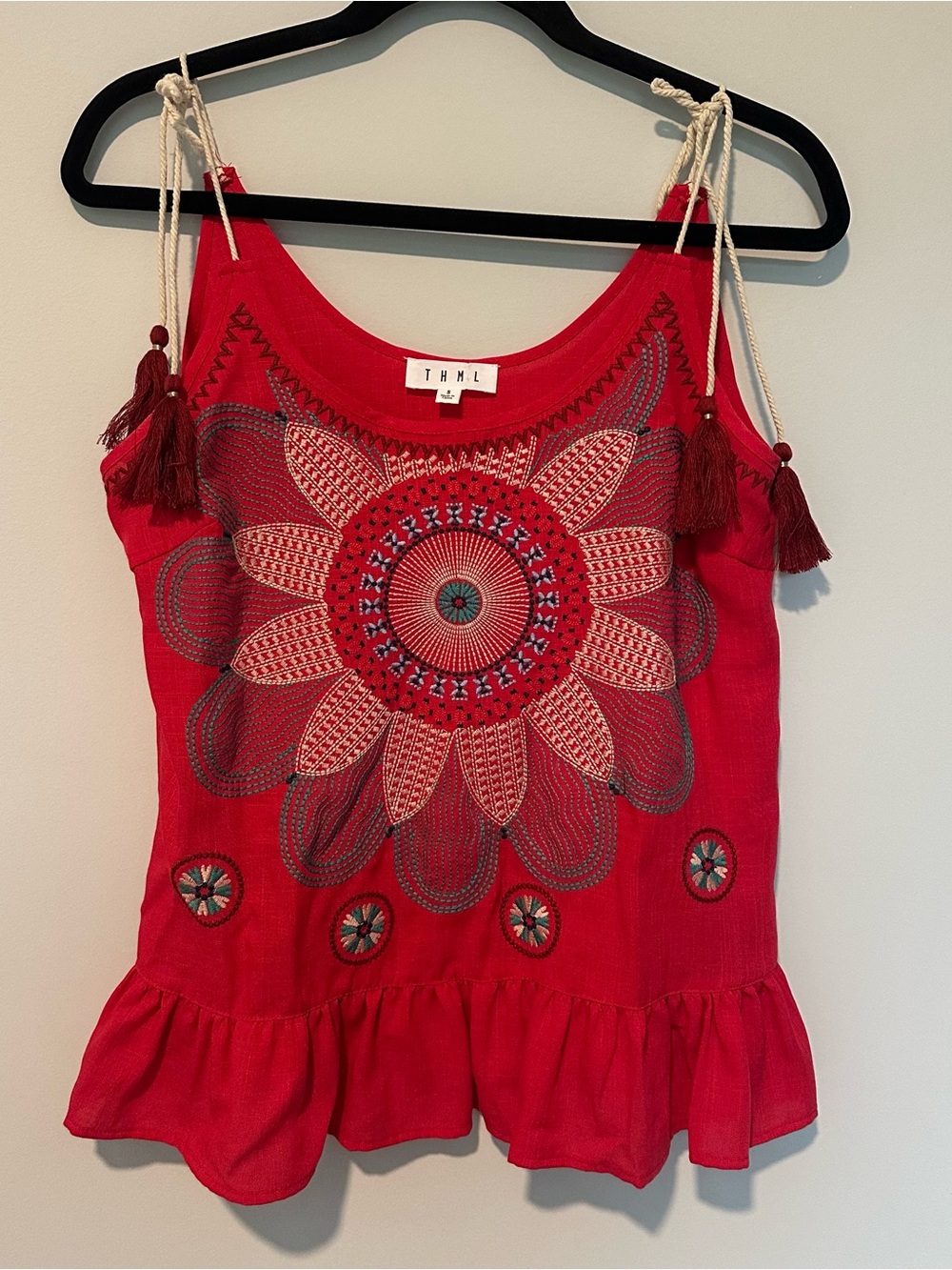 Anthropologie THML Small Embroidered Top Blouse Tassel Boho Summer Festival Chic